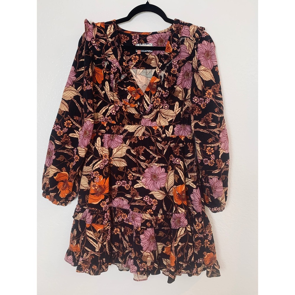 Pilcro Anthropologie Corduroy Floral Ruffle Mini Dress V-Neck Long Sleeve Small